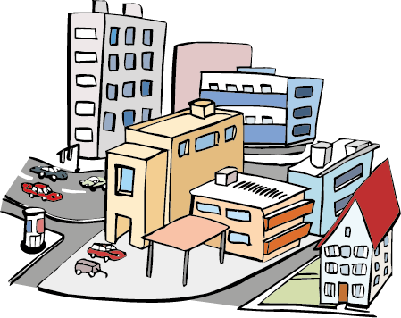 Stadt Stadt mit vielen Gebäuden, Straßen und Autos